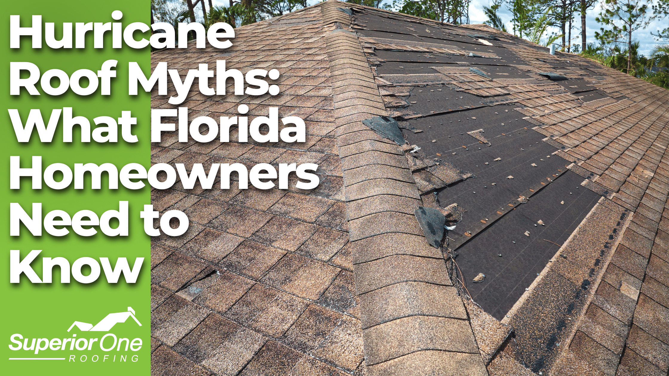 Damaged asphalt shingle roof with missing sections after a Florida hurricane, highlighting common roofing myths and storm vulnerabilities.